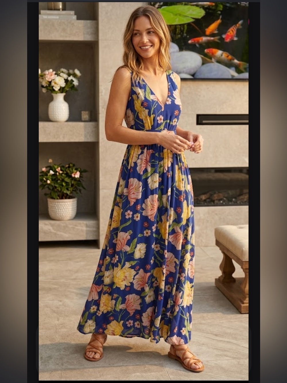 Modcloth Navy Floral V-Neck Maxi Dress with Yellow and Pink Blooms